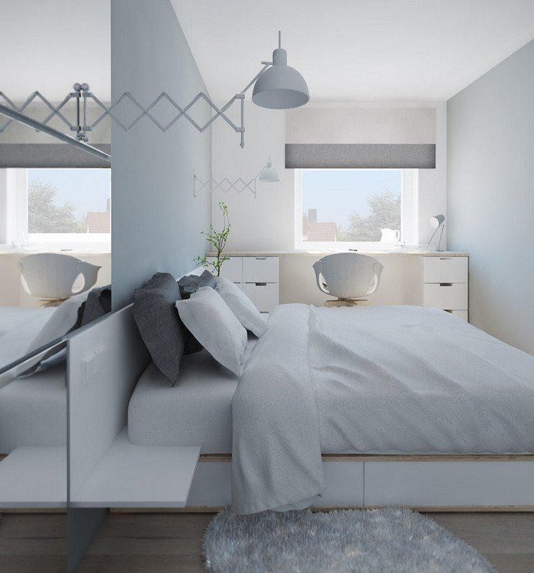 boligindretning-ideer-soveværelse-skuffe-seng-skrivebord-hvid-grå