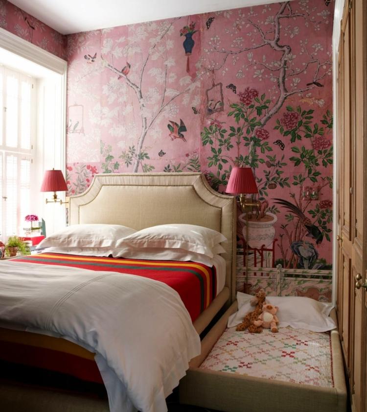 boligindretning ideer soveværelse tapet japansk stil pink sengecreme