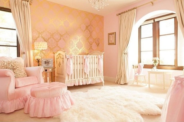luksus baby værelse pige pink guld tapet barok mønster