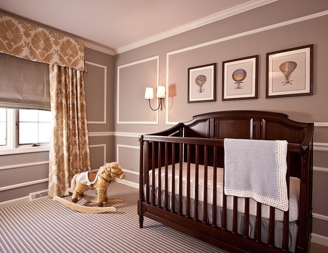 ideer baby værelse dekoration unisex træ baby seng taupe væg farve