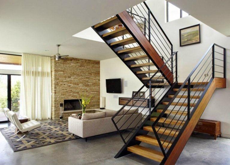 moderne design trapper sort metal træ stil stue grå gulv