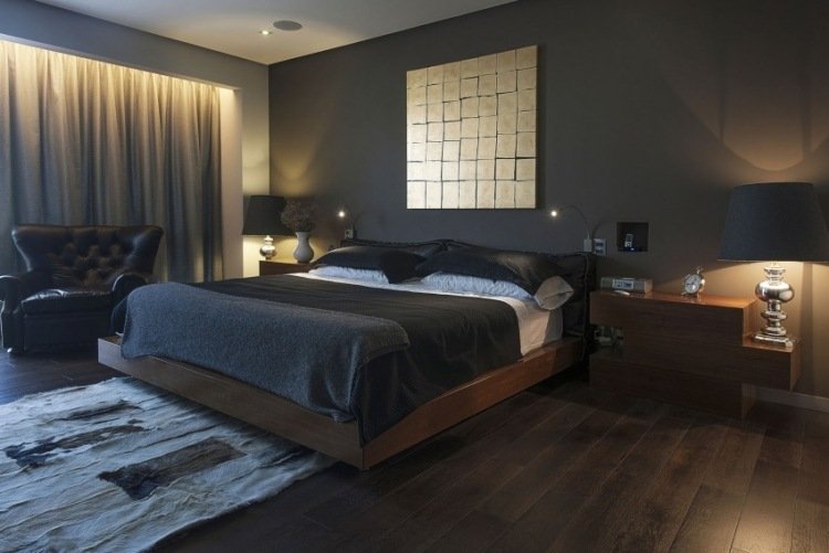 indirekte LED loftsbelysning -soveværelse-antracit-vægmaling-træmøbler