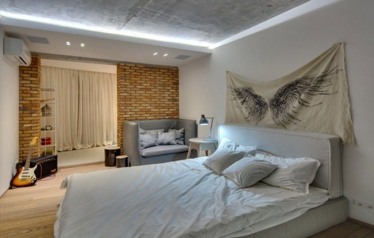indirekte-LED-loft-belysning-soveværelse-mursten-væg-udsat-beton-loft
