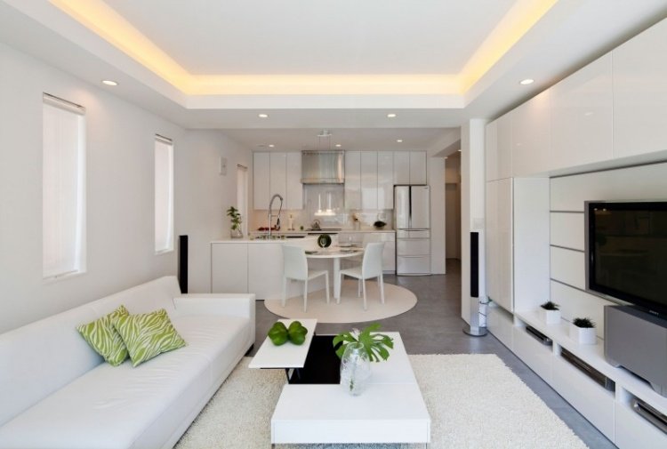 indirekte-LED-loft-belysning-stue-område-rent-hvidt-køkken