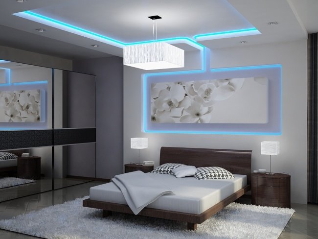 indirekte led loftsbelysning soveværelse blå hvidt vægmaleri