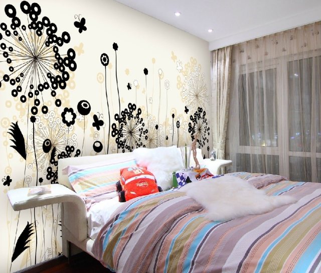 væg-design-tapet-sort-hvid-creme-abstrakt-blomster-soveværelse