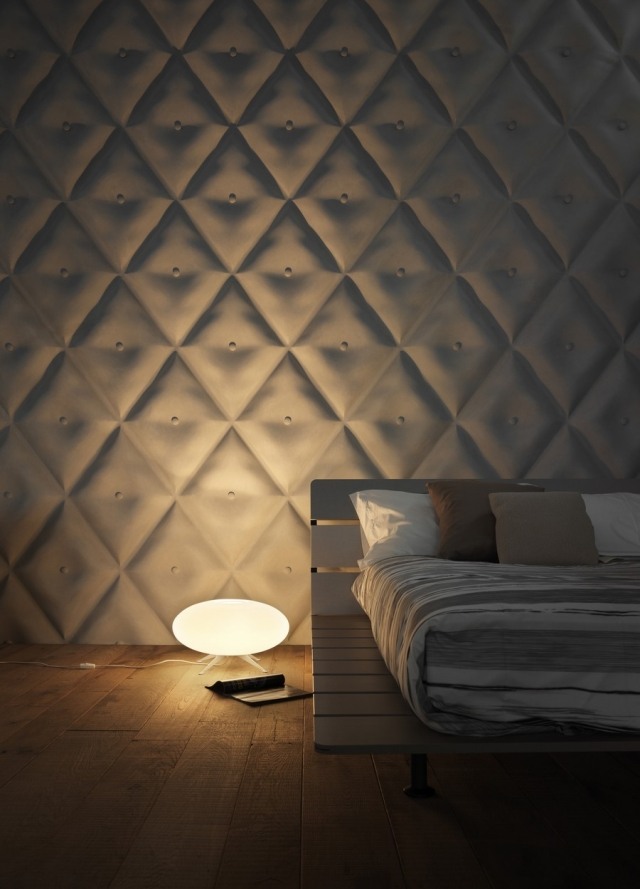 Ideer til vægdesign dekorative-3d-paneler-diamantmønster-hvide-soveværelser