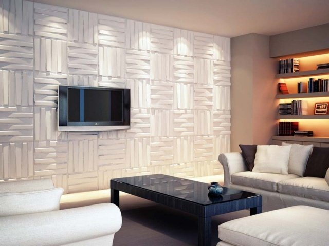 Ideer til vægdesign vægpaneler-hvid-firkant-moderne-stue-tv
