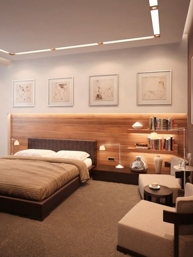 vægdesign-træ-paneler-soveværelse-brun-hylder-led-strimler