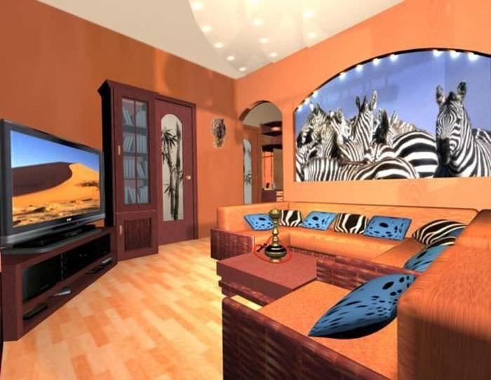 světlý interiér bytu v africkém stylu