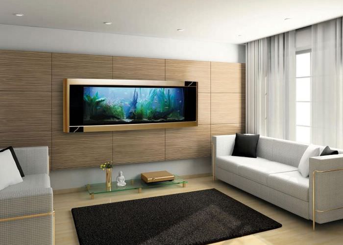 Interiér obývacího pokoje s malováním akvária na zdi