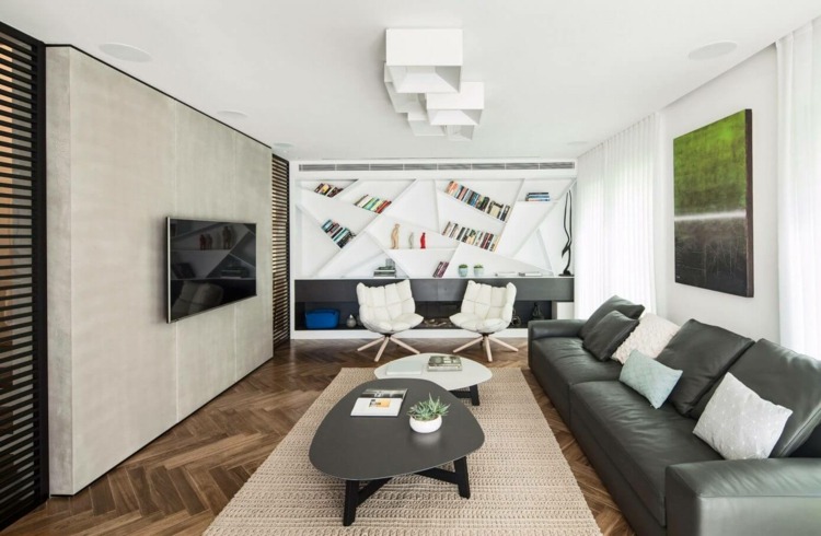 aluminium-værelse-opdeler-i-sort-lounge-læder-sofa-hylde-abstrakt