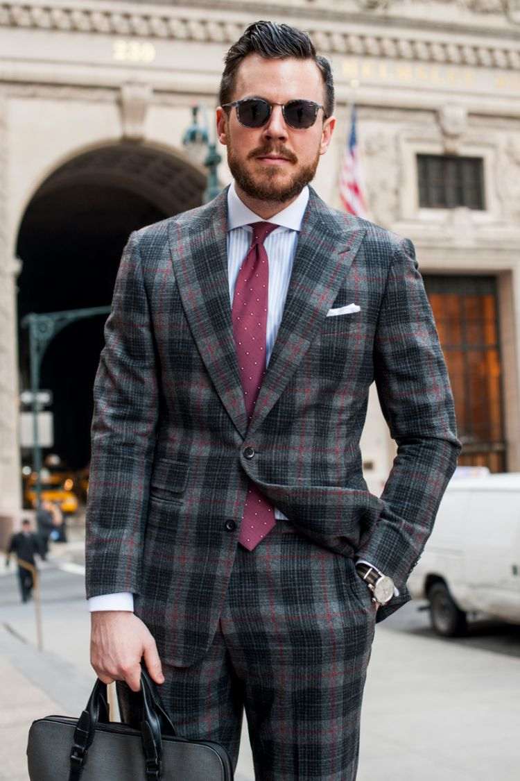 jakkesæt tendenser 2019 elegant herremode designer bryllups lejlighed plaid vin rød slips grå solbriller håndtaske