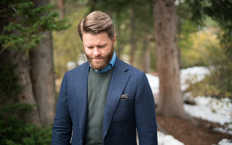 jakkesæt tendenser 2019 elegant herretøj designer bryllup lejligheder catwalk modeshow sweater merino uld blå denim skjorte skov