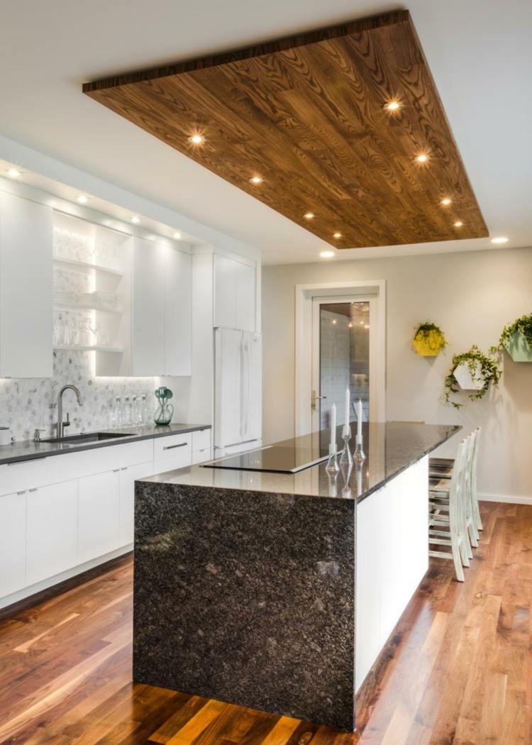 Bordplade-granit-køkken-moderne-parket-gulv-hvidt-ophængt loft