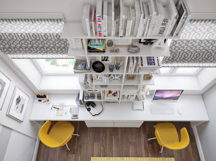 Studie-to-personers skrivebord-foran-vinduet-væg-hylder-opbevaringsplads