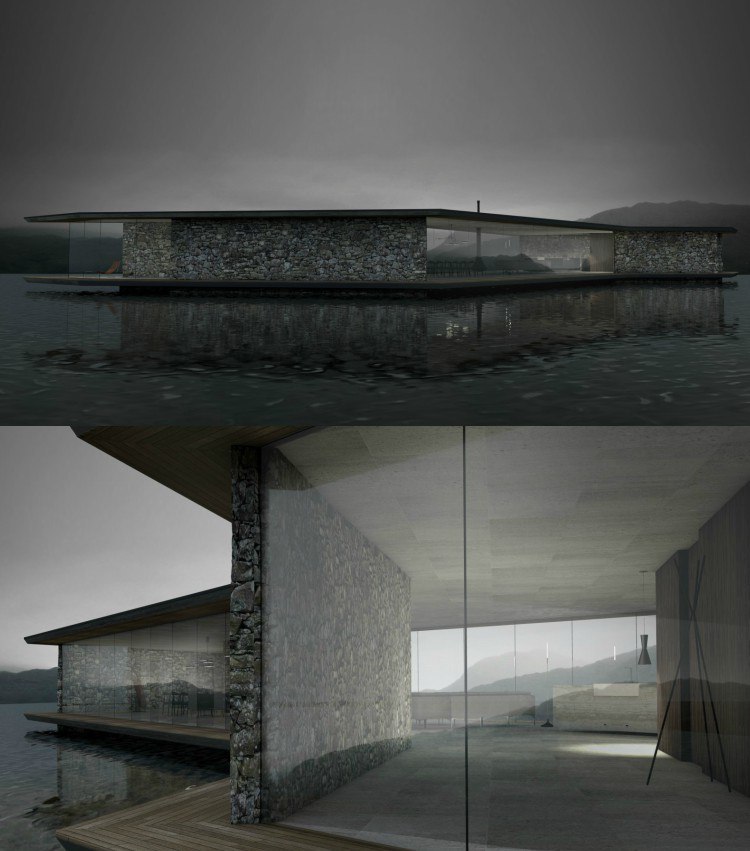 arkitektur glas stenhus panorama vindue fladt tag sø