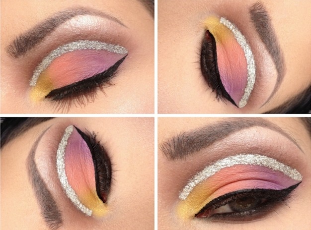 Eyeliner direkte over vipperne pink gul lilla eksotiske make-up ideer