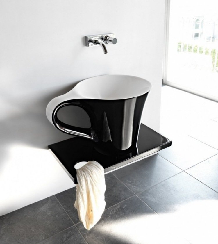 håndvask-badeværelse-design-innovativ-sort-hvid-kop-fittings-fliser-håndvask-moderne