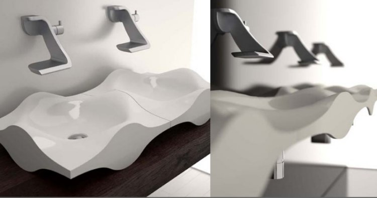håndvask-badeværelse-design-innovativ-hvid-bølge-dobbelt håndvask