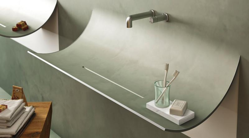 håndvask-badeværelse-design-innovativ-væg-maling-gips-grøn-grå-armaturer-minimalistisk hud