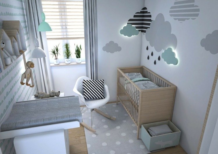 moderne baby værelse i mint og grå attraktivt vægdekoration tæppe prikket puslebord