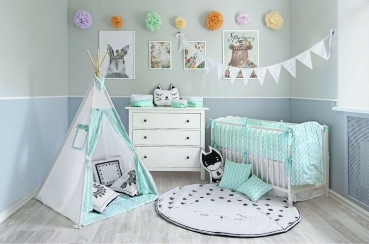 baby værelse i mint og grå skandinavisk tipi tofarvet vægkast puder sengetøj