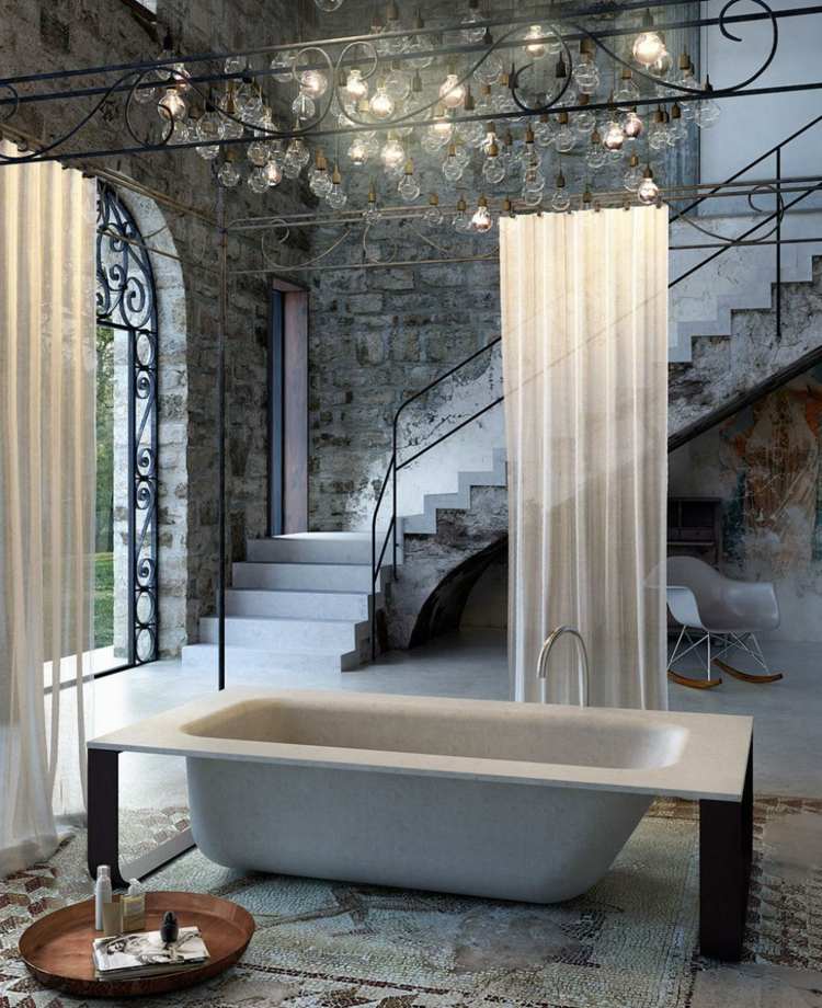 Badekar på badeværelset rektangulært-fritstående-hvid-fint beton-sort-stel-Beton-badekar-glas1989