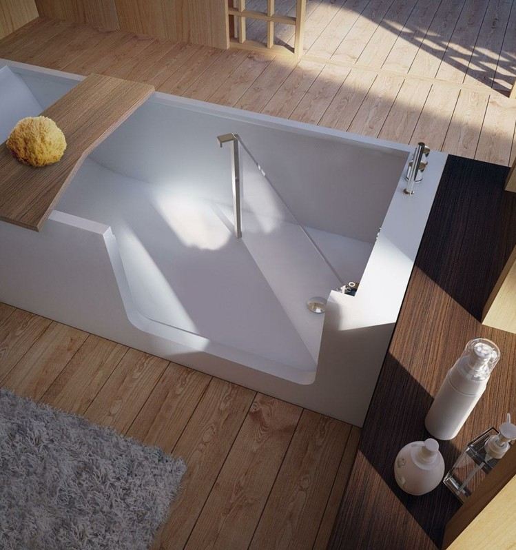 Badekar på badeværelset hvidt-rektangel-fritstående-dør-glas-sæde-bord-træ-gulvbræt-Elle-bad-glas1989