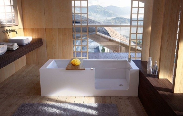 Badekar på badeværelset hvidt-rektangel-dør-glas-sæde-bord-træ-gulvbræt-Elle-bad-glas1989