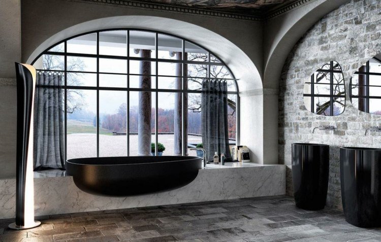 Badekar-badeværelse-indbygget-sort-oval-form-piedestal-marmor-Beyond-Bath-Glass1989