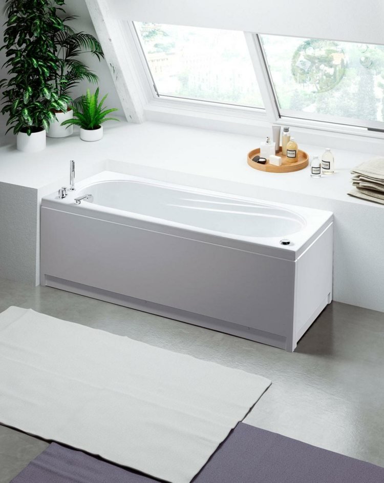 Badekar-badeværelse-rektangulært-indbygget i venstre-hvidt-akryl-design-tap-tag-hældning-Astor-glas1989