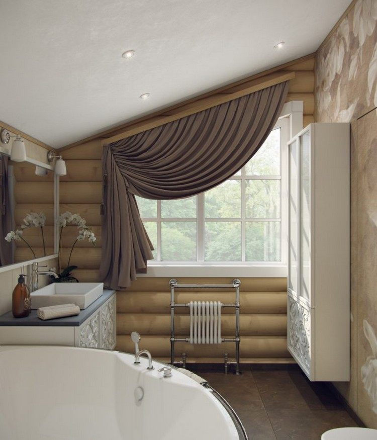 hjørnemøbler badeværelse vinduesgardin gardin skrånende tag skab træ lameller badeværelse indretning stilfulde forsænket lys