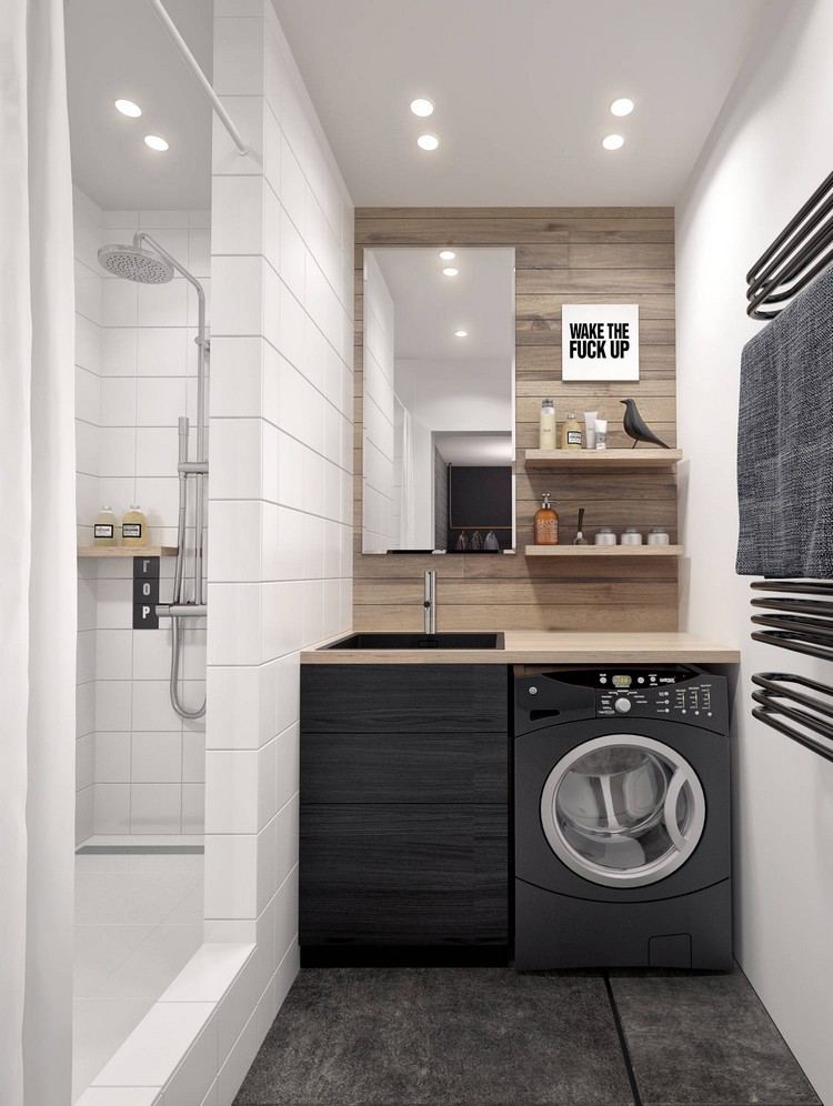 badeværelse 4 kvm ideer møbler sanitære løsninger praktiske værelsesdesign brusekabine flisebelagt fuldautomatisk vaskemaskine hylde badehåndklæde