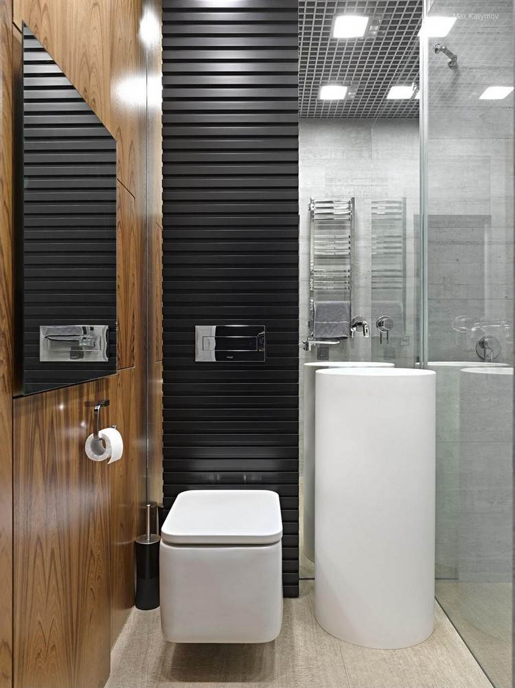 badeværelse 4 kvm ideer elegant design projekt layout, der kombinerer farver sort træ look