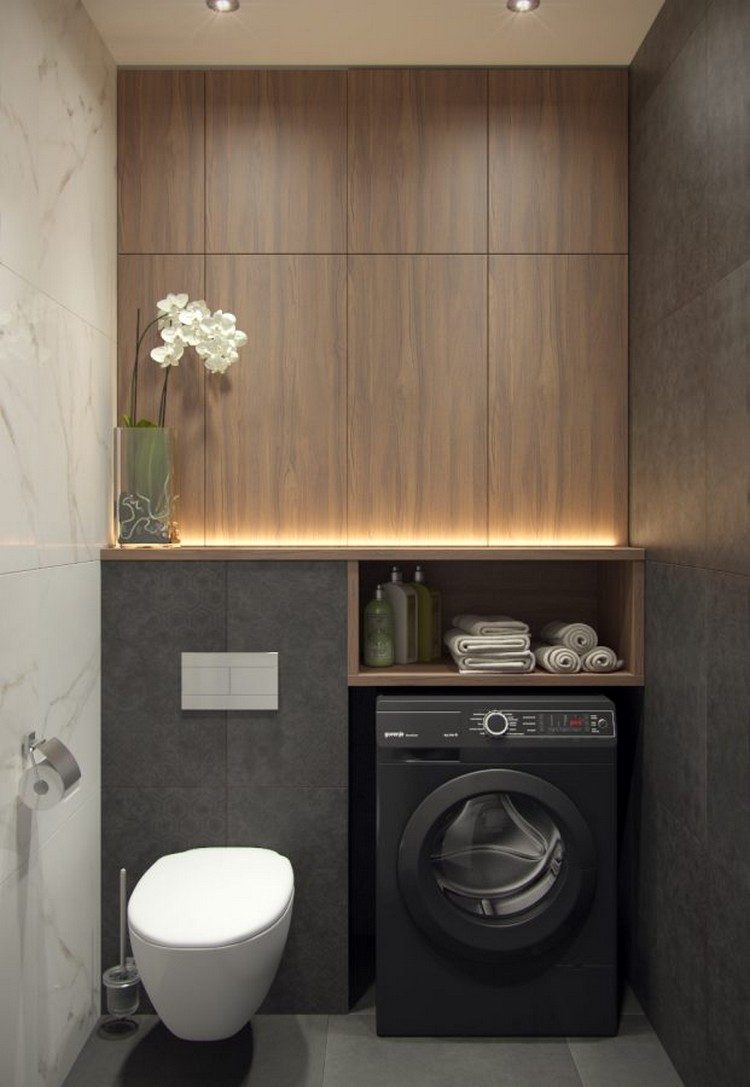 badeværelse 4 kvm ideer møbler sanitære løsninger praktisk indretning vaskemaskine toilet træ væg