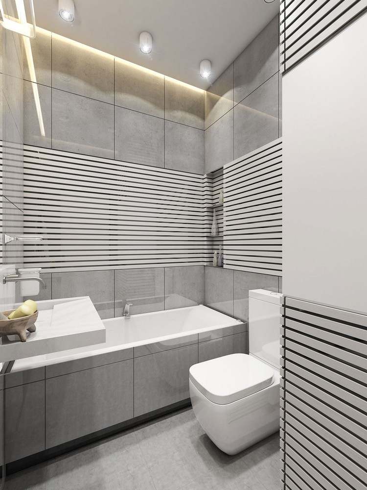 badeværelse 4 kvm ideer møbler sanitære løsninger praktisk indretning vaske lameller badekar gråhvid