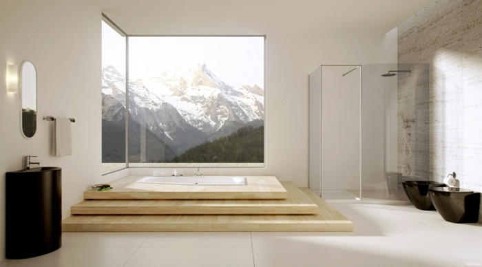 brusebad glas badekar trin bjerge udsigt moderne design idé
