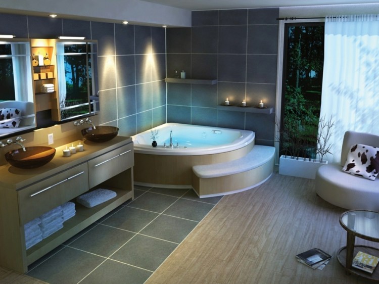 badeværelse design moderne hjørne bad wellness træ lys