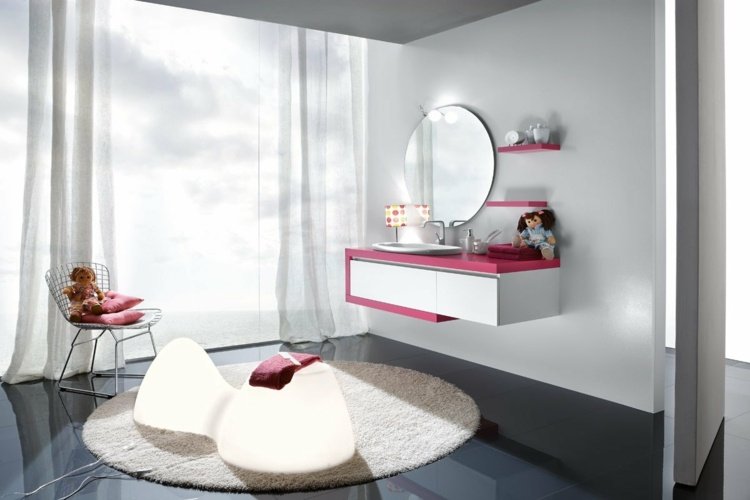 Badeværelse ideer rundt tæppe forfængelighed pink rundt spejl belysning