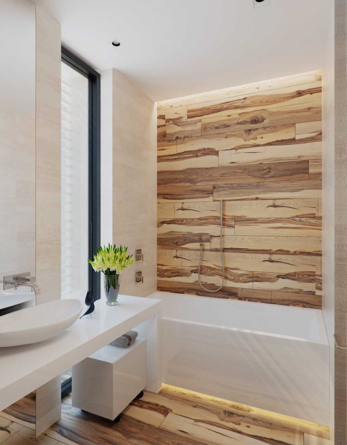 moderne vægbeklædning på badeværelset med trælook og sømløs væg