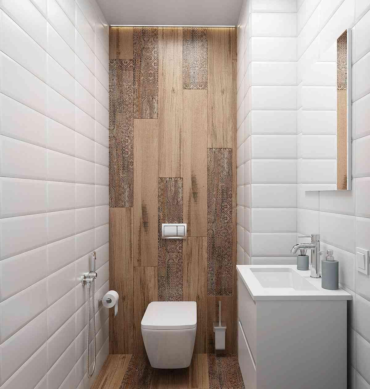 badeværelse hvidt med træindretning fliser og metro fliser væg toilet