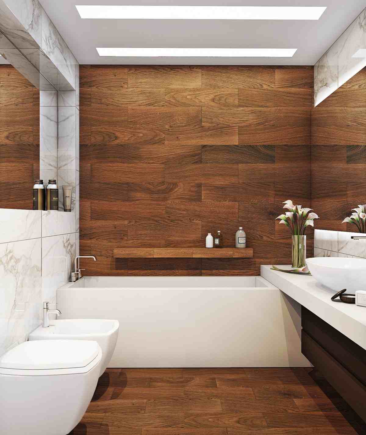 badeværelse hvidt med mørkt træ kombineret med marmorfliser