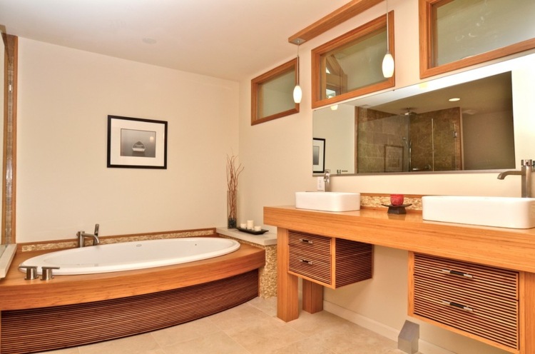 Træ badeværelsesmøbler moderne zen atmosfære design ideer
