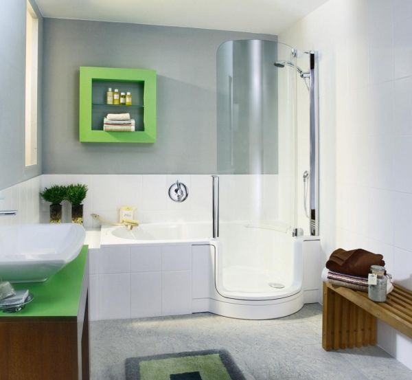 design børnevenlig brusekabine badekar grøn væghylde
