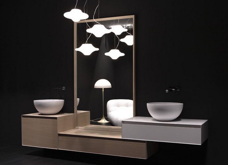 Badeværelse spejl-belysning-ideer-bordplade håndvask-træmøbler