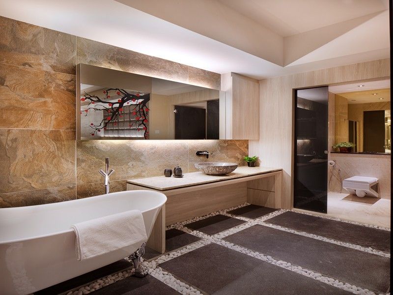 Badeværelse spejl-belysning-ideer-moderne-design-natursten flise-ideer