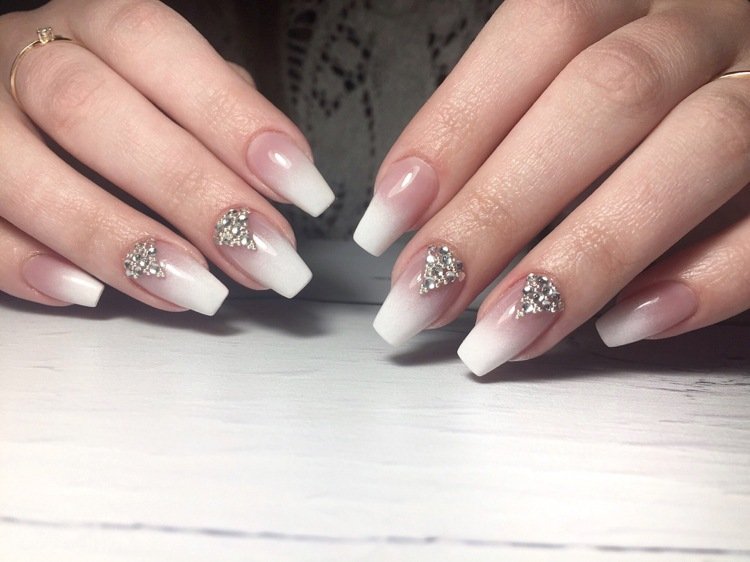 Ombre Nude White Ballerina Nails Rhinestones