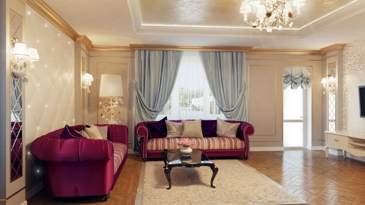 barok-møbler-moderne-sofaer-polstring-satin-lilla-indirekte-belysning-parket-gulv-væg