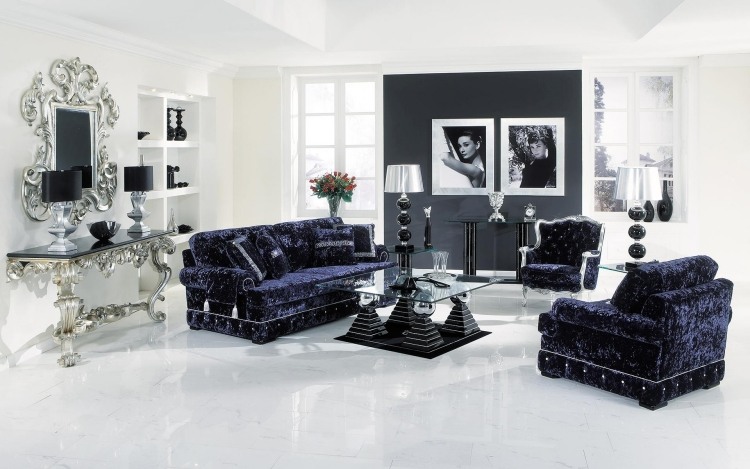 barok-møbler-moderne-sort-hvid-sølv-fløjl-glas-reflekterende-overflade